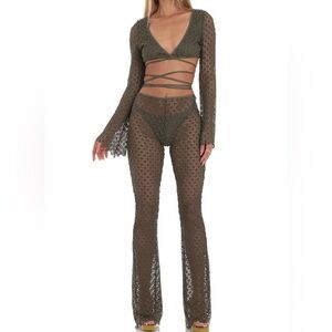 Embroidered Three Piece Pants Set in Green